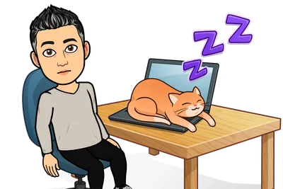 Illustration of Saeed at a desk with a cat sleeping on his laptop